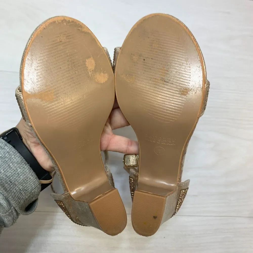 Badgley‎ Mischka Block Heel Sandals Girls Size 1 Gold Rhinestone Ankle Strap